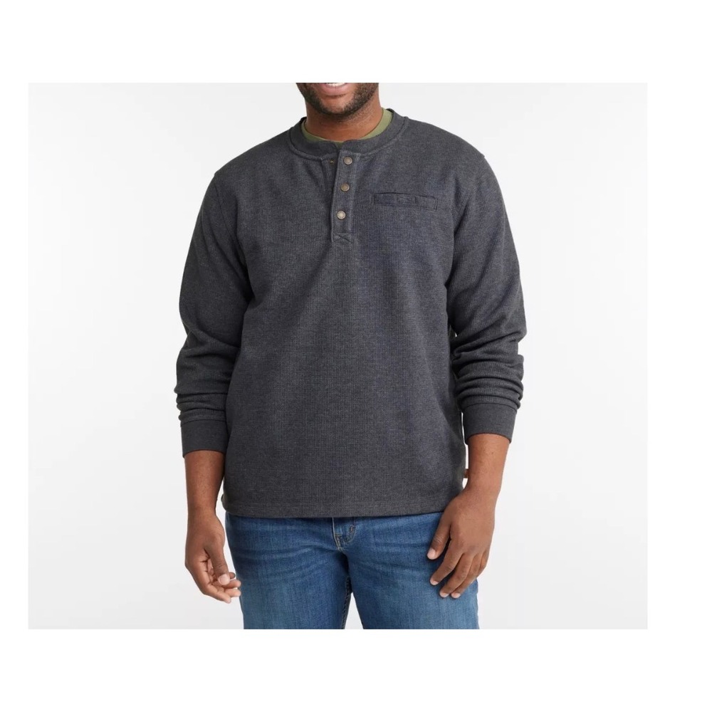 LL Bean Men Large Tall Katahdin Sherpa Lined Bonded Waffle Henley Gray 298104‎